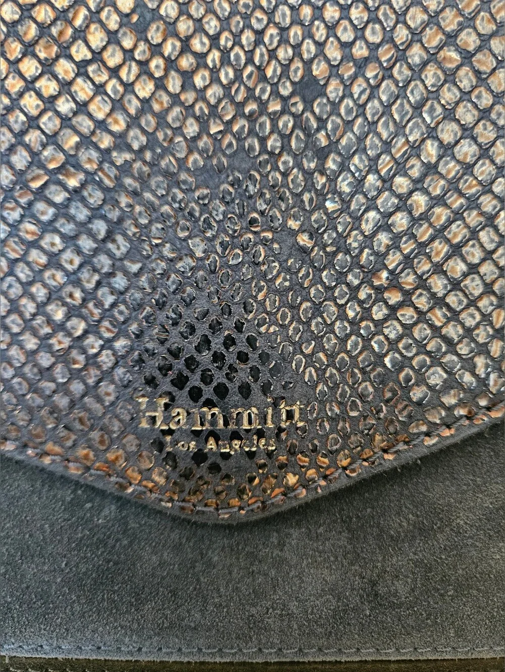 Hammitt Contrast Snakeskin & Suede Envelope Wallet Clutch Boho Luxe Gold Rivet.